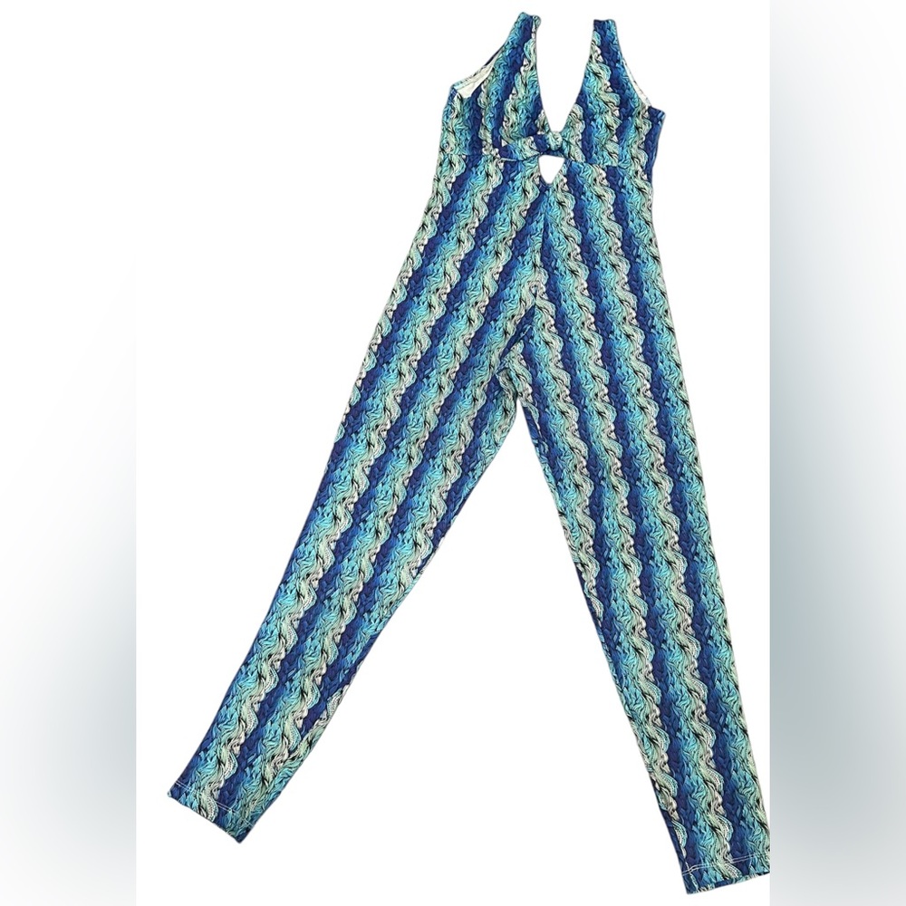 River Modas blue fullbody tight lycra stretchy fabric jumpsuit sleeveless S